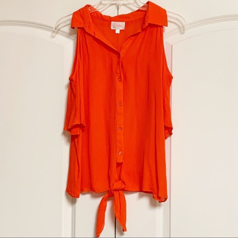 Parker Silk Orange Cold Shoulder Ruffle Waist Tie Short Sleeve Blouse L